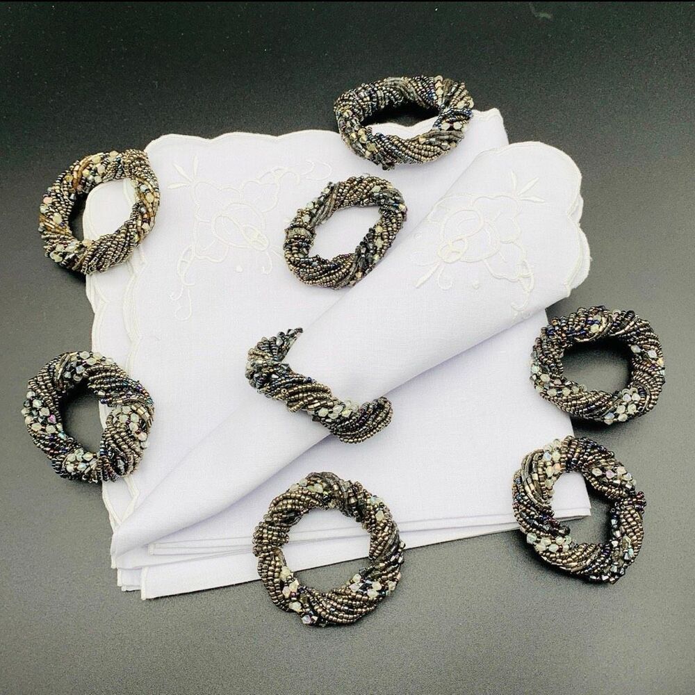 Boho Beaded Napkin Ring Holder Set of 8 Metallic Seed Bead Twisted Cable Rope